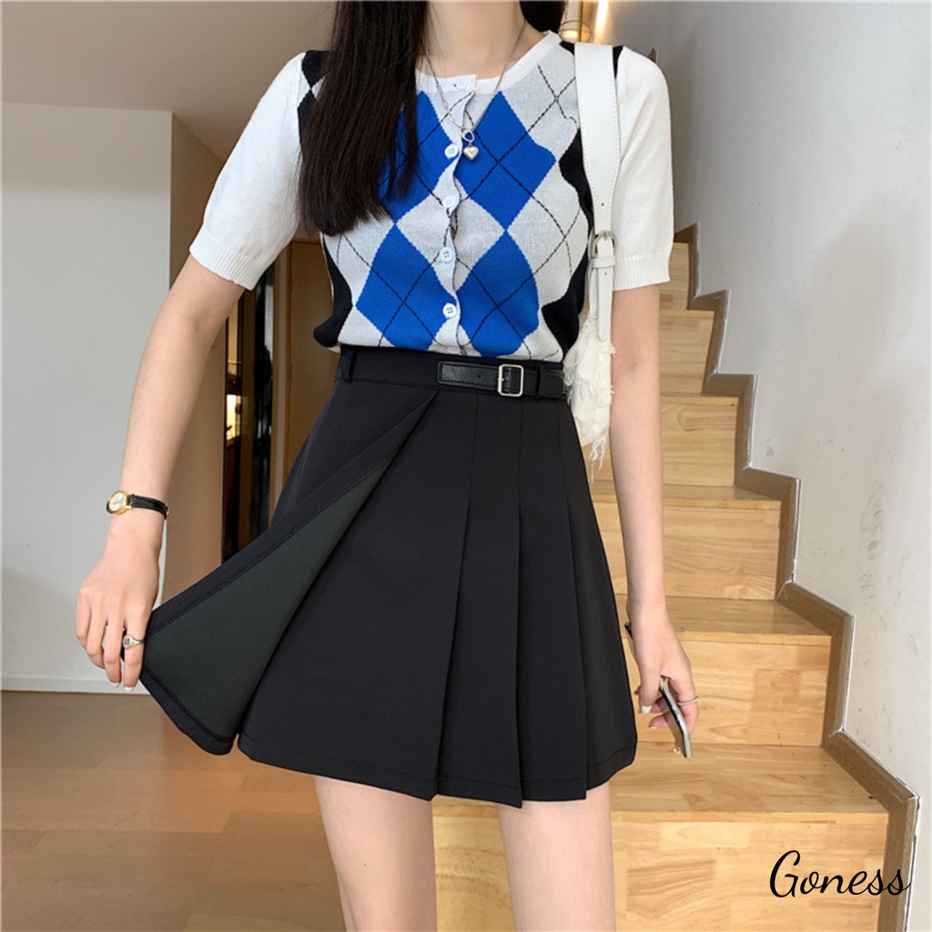 Chân váy xếp ly Goness dáng ngắn nữ cạp cao có đai phong cách Hàn Quốc
