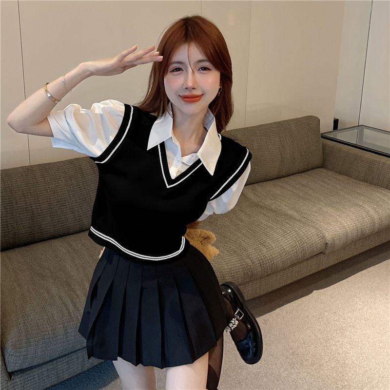 Áo Sweater Ngắn Tay Cổ POLO Giả Hai Lớp Thời Trang Cho Nữ  tao bao