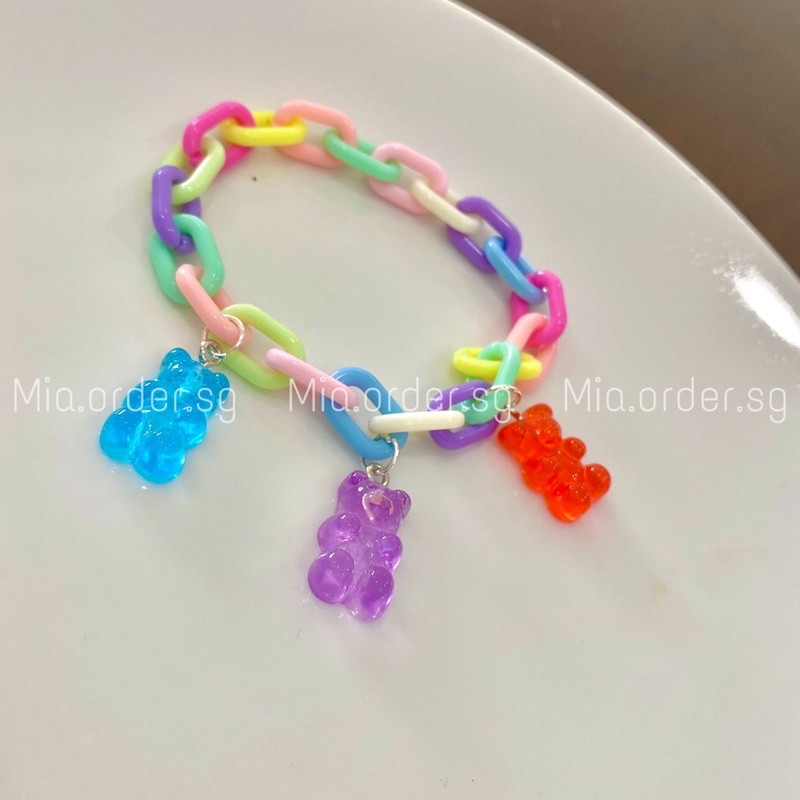 Vòng tay, móc túi xách HANDMADE hình móc xích đủ màu sắc có charm gấu GUMMY BEARS, mia.order