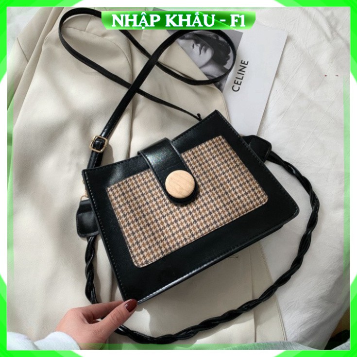 [Cao Cấp - Freeship]  Túi xách Túi đeo chéo nữ Da PU phối sọc khóa tròn Màu nâu đen Cao cấp công sở đi làm dự tiệc