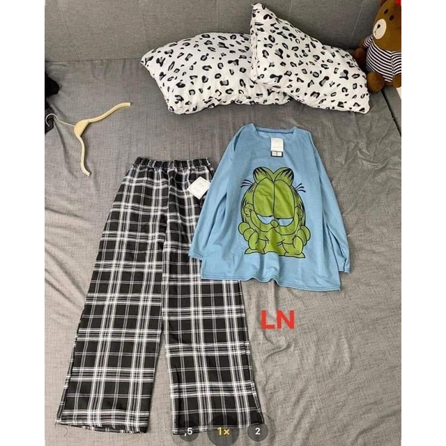 Sét áo mèo ngủ tay dài +quần kẻ karo LN11