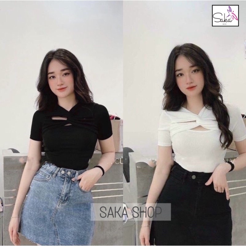 Áo thun croptop nữ cổ phối chéo hai màu trắng đen