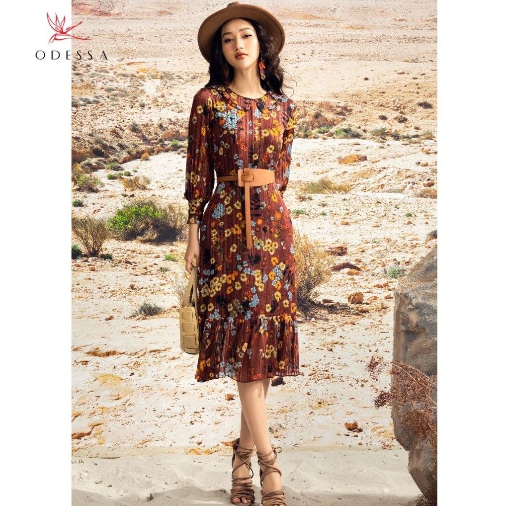 Váy Thiết Kế Dáng Xoè Phối Cổ Và Tay Lỡ ODESSA, Chất Liệu Chiffon Mềm Mịn Với Họa Tiết Nâu Trầm Hiện Đại DK21-042