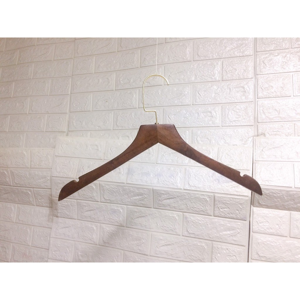 Móc gỗ treo quần áo nâu vai đệm 44.5cm đầu móc dẹp vàng( bộ 10 cây )