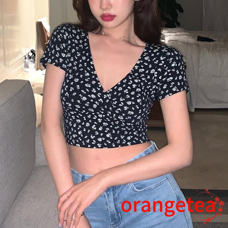 Áo Thun Cho Nữ Ngắn Tay Cổ Chữ V In Hoa Thời Trang
