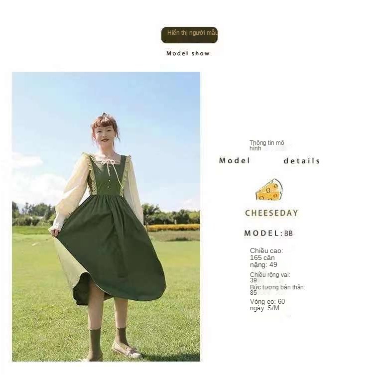 Váy màu xanh lá cây bơ mùa xuân vẽ tranh sơn dầu kiểu phương Tây dài cổ vuông Nữ dễ thương Nhật Bản Mori Girl | BigBuy360 - bigbuy360.vn