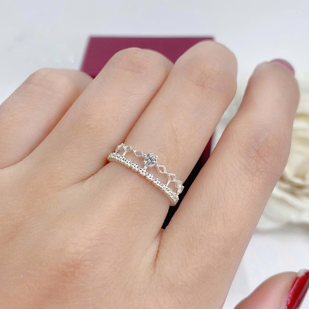 Nhẫn bạc nữ DaLiA Jewelry hai hàng đá dạng hở freesize, hợp với mọi kích cỡ ngón tay, bạc ý