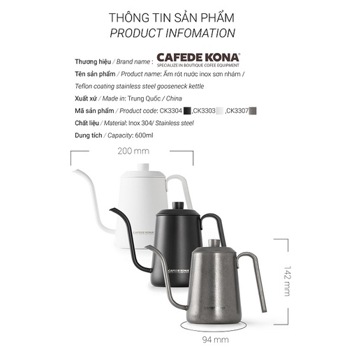 Ấm rót pour over cà phê cổ ngỗng 600ml Cafede Kona