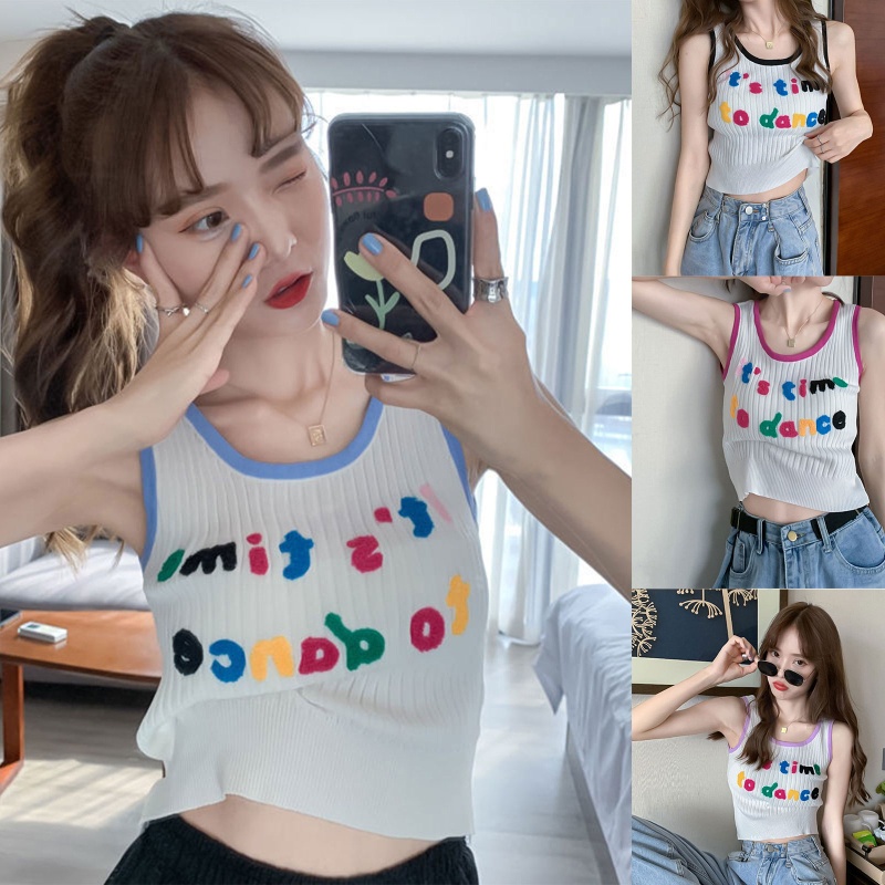 Áo Croptop Dệt Kim Không Tay Thêu Chữ Nhiều Màu Sắc Dễ Thương Thời Trang Mùa Hè Cho Nữ
