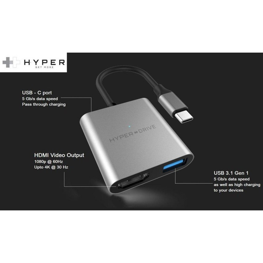Cổng Chuyển Hyperdrive 3 in 1 HDMI 4K USB-C Cho Macbook,PC,Devices Chính Hãng