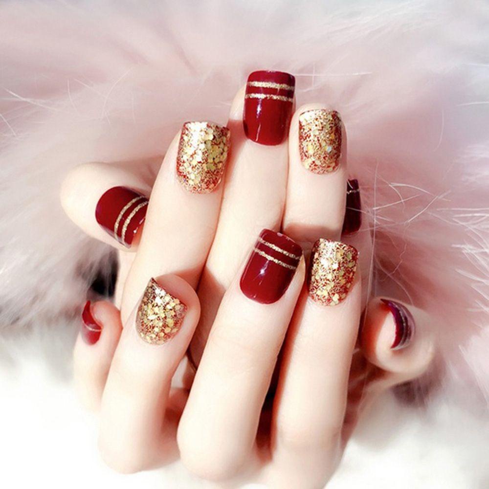 Bộ 24 Móng Tay Giả Màu Đỏ Rượu Vang Thời Trang