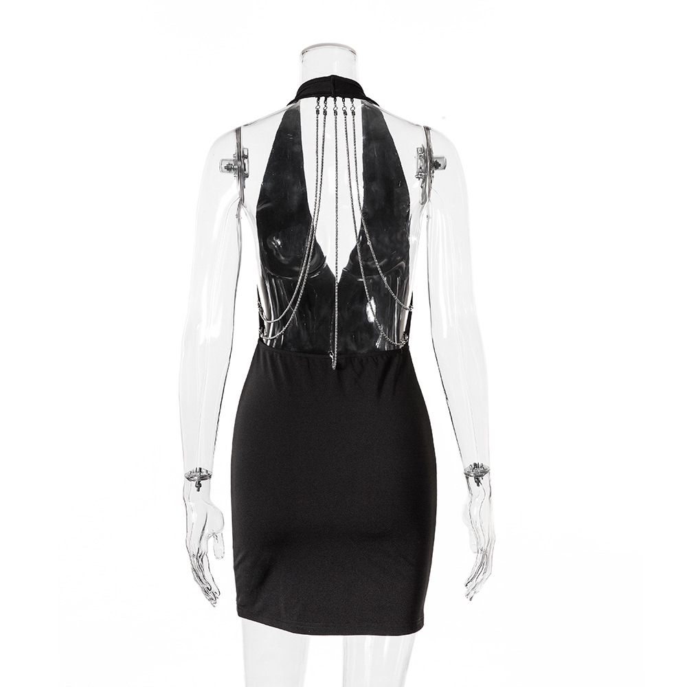 COD DUNEA Sexy Backless Chain V Neck Halter Mini Dress Women Plain Party Dress | BigBuy360 - bigbuy360.vn