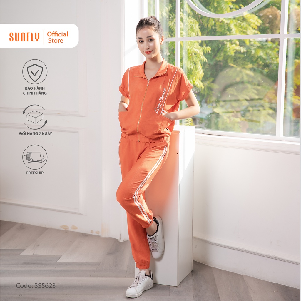 Bộ đồ mặc nhà nữ thể thao linen SUNFLY kéo khóa áo cộc tay, quần dài SS5623