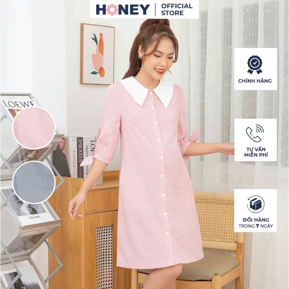 Váy, đầm bầu công sở kẻ karo kiểu dáng suống A tay lỡ cổ sơ mi - Thời trang đầm bầu cao cấp HONEY