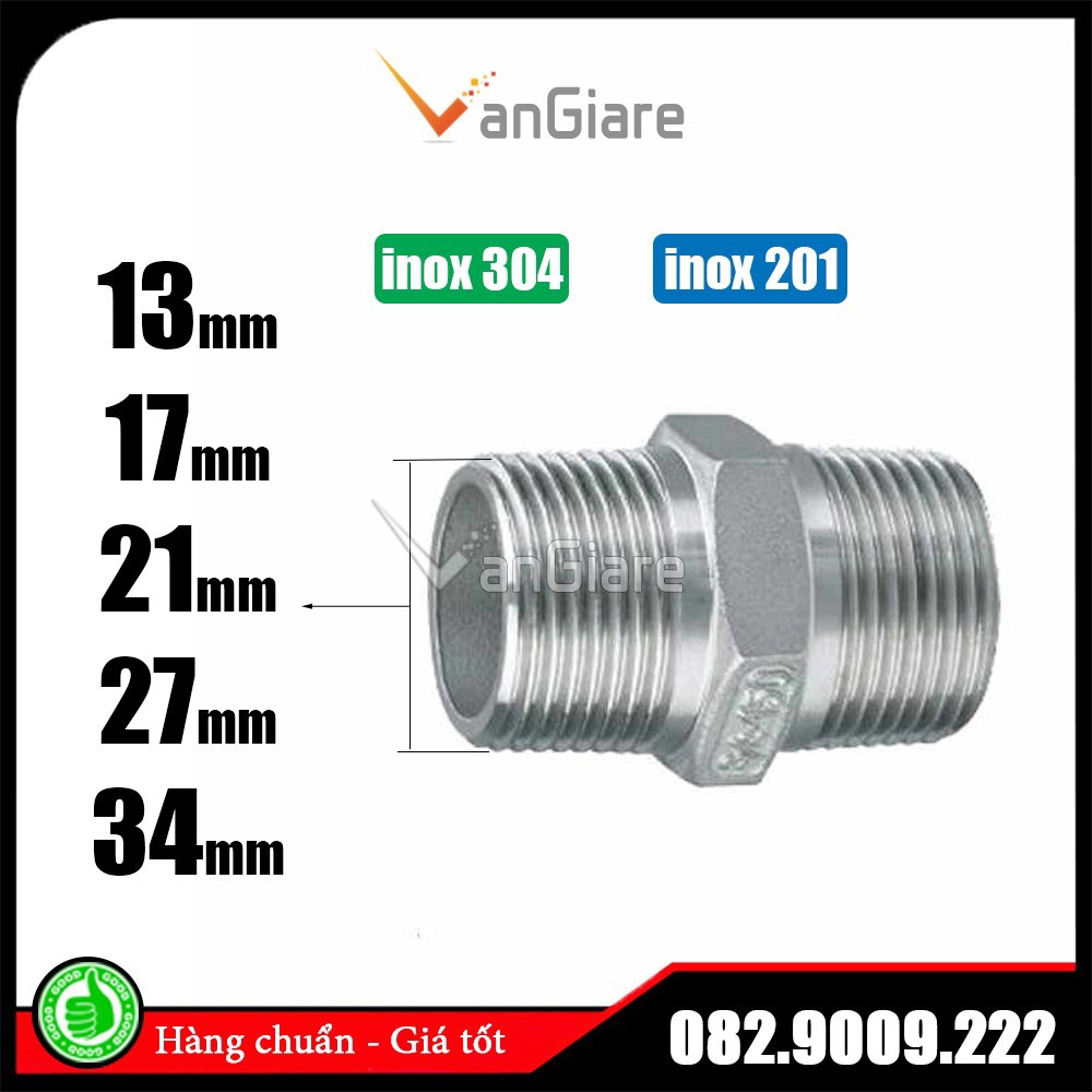 (đủ size) Kép inox - Nối 2 đầu ren ngoài ống nước phi 13 17 21 27 34