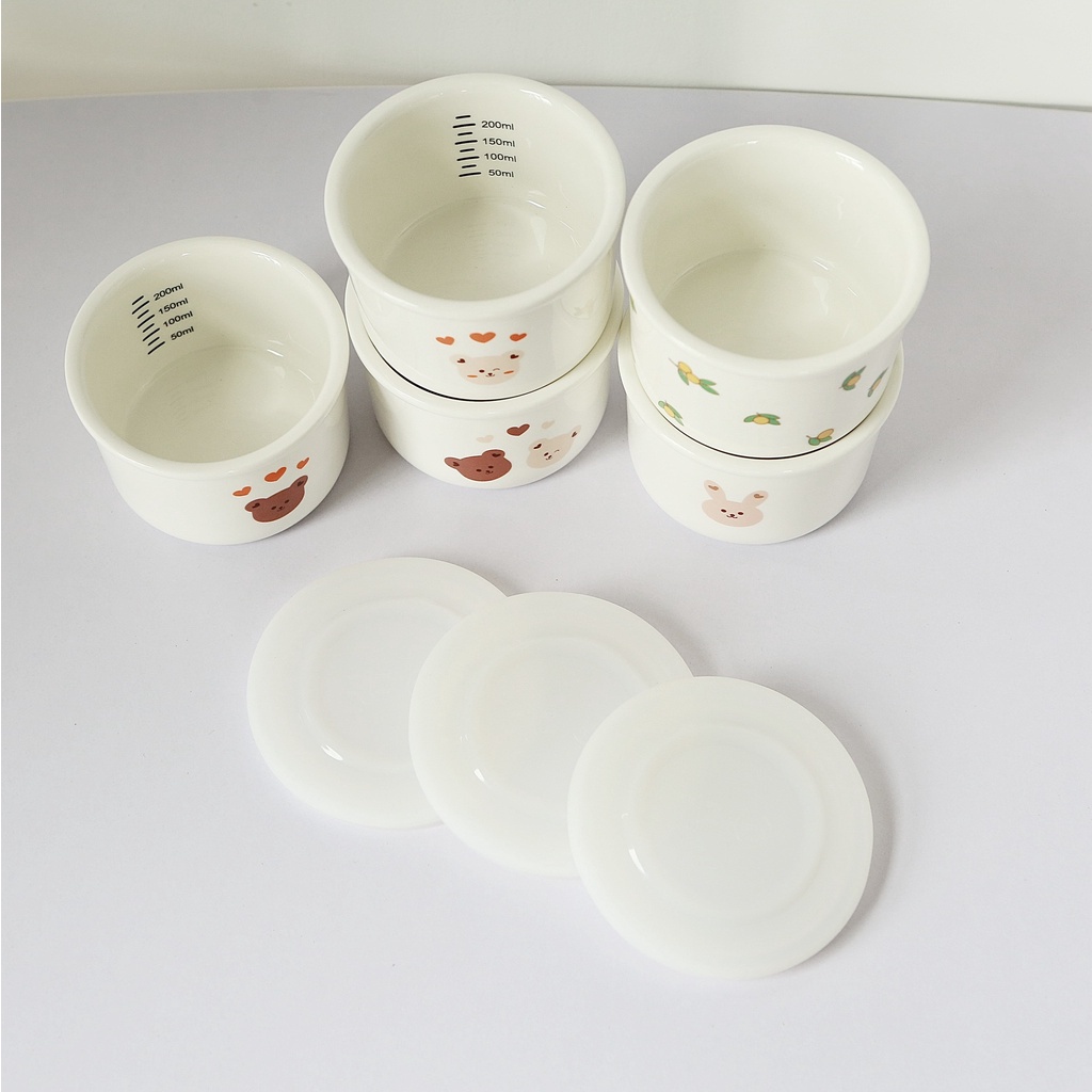 Bát sứ/Hũ sứ ăn dặm, Trữ đồ chia vạch cho bé phong cách hàn quốc dung tích 220ml có nắp đậy silicon chắc chắn