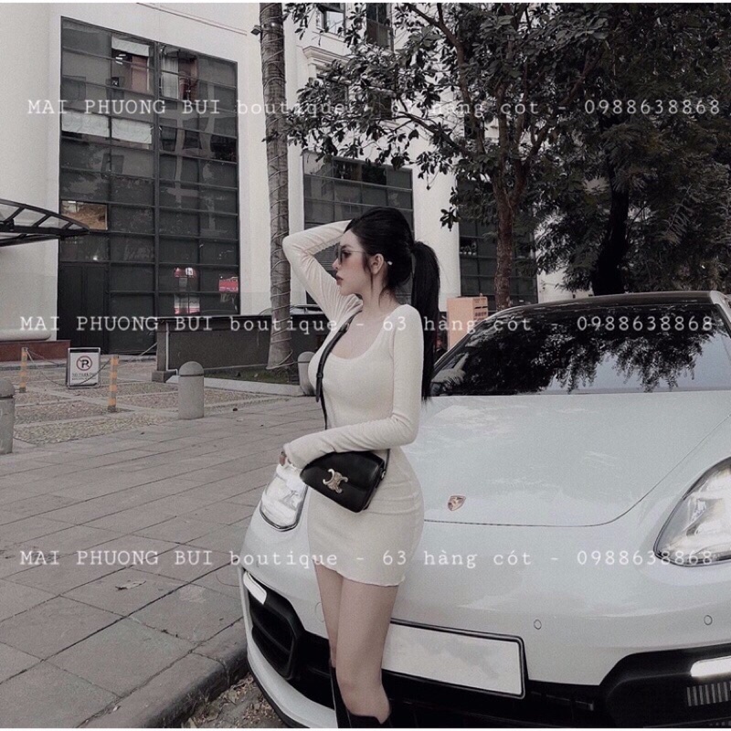 Váy body dày dặn hai màu nâu be