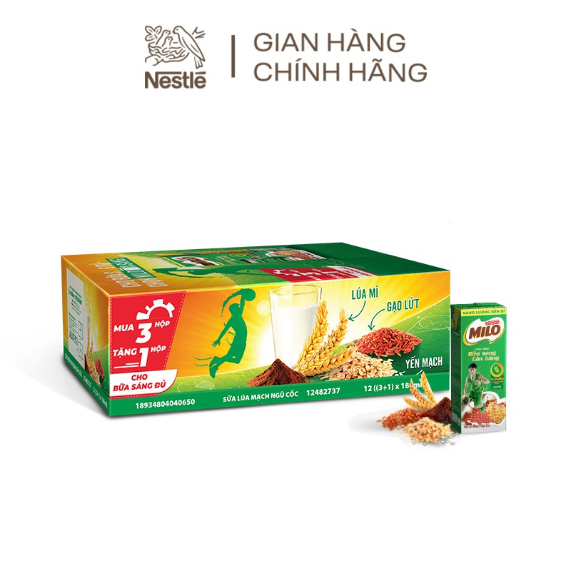 [Mã FMCGMAL-8% ĐH 250k] [Mua 3 tặng 1] Sữa lúa mạch Nestlé® MILO® Bữa Sáng Thùng 48 hộp x 180ml