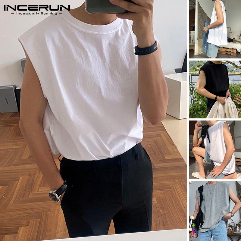 Áo thun nam INCERUN không tay đơn giản cổ tròn màu trơn thời trang