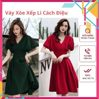 Váy xếp li cách điệu, đầm tay phồng dáng xòe cổ v, có bigsize