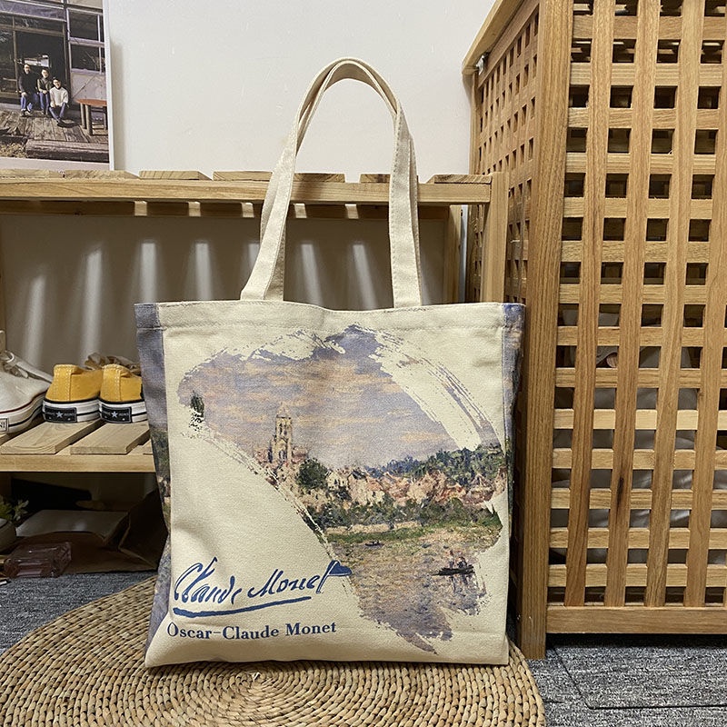 Túi Tote Vải Canvas Cỡ Lớn Họa Tiết Tranh Sơn Dầu Dễ Thương