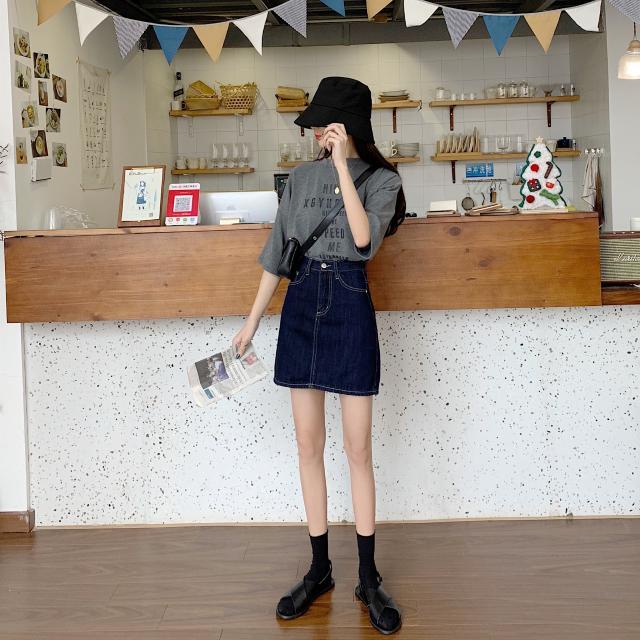 Chân Váy Denim Chữ A Lưng Cao Màu Xanh Dương Đậm Phong Cách Hàn Quốc Thời Trang Mùa Hè Mới Cho Nữ