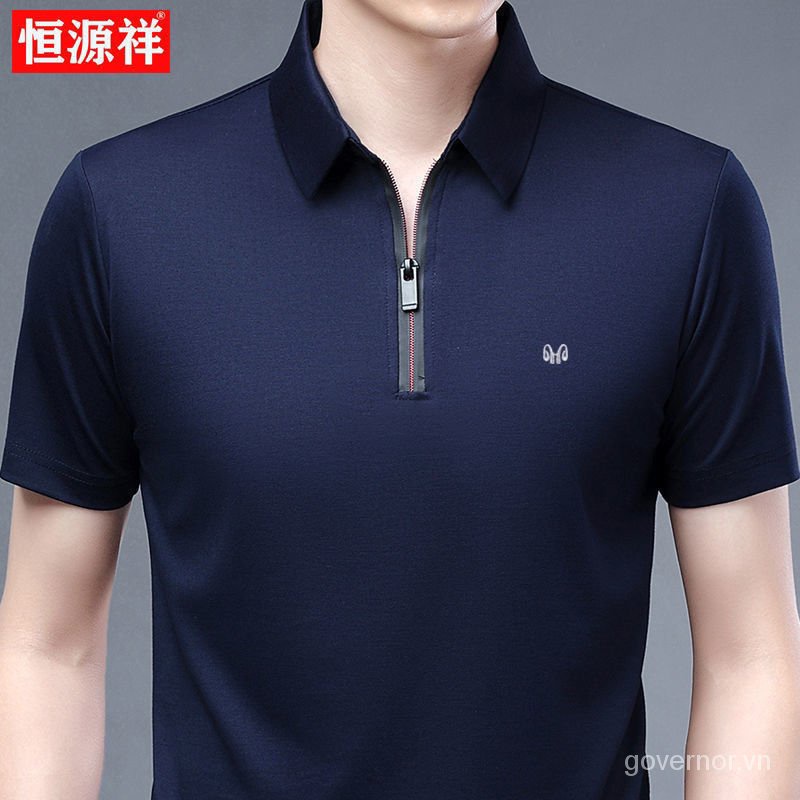 Hengyuanxiang Áo thun cotton mỏng tay ngắn cổ bẻ khóa kéo thời trang mùa hè cho nam