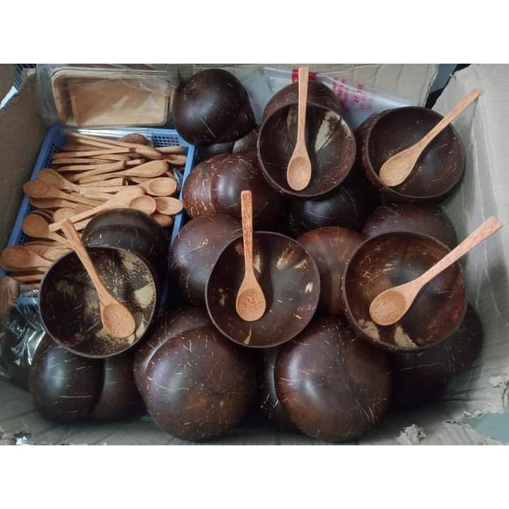 Combo Bát chén gáo dừa và muỗng dùng để ăn sữa chua salad ngũ cốc granola