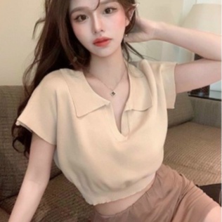 Áo Len Gân croptop cổ bẻ bo eo Quảng châu len gân tăm tay ngắn tôn dáng sành điệu