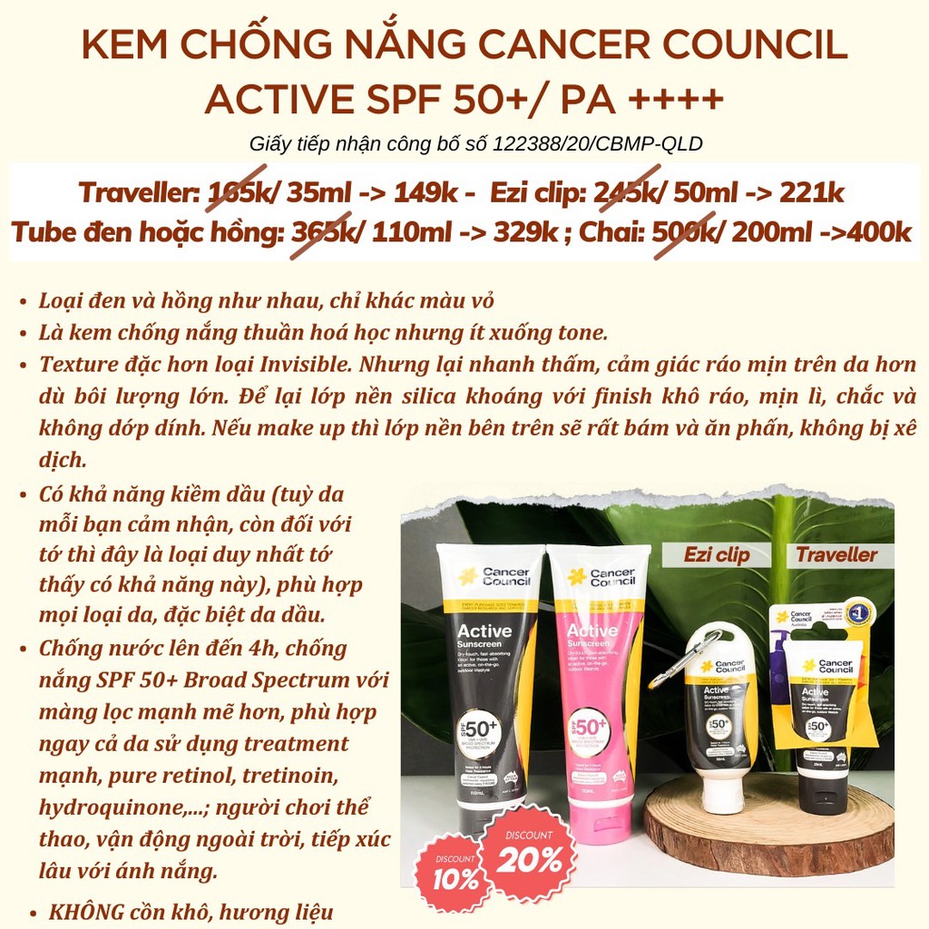 Kem chống nắng Năng động Cancer Council Active SPF 50+/ PA ++++