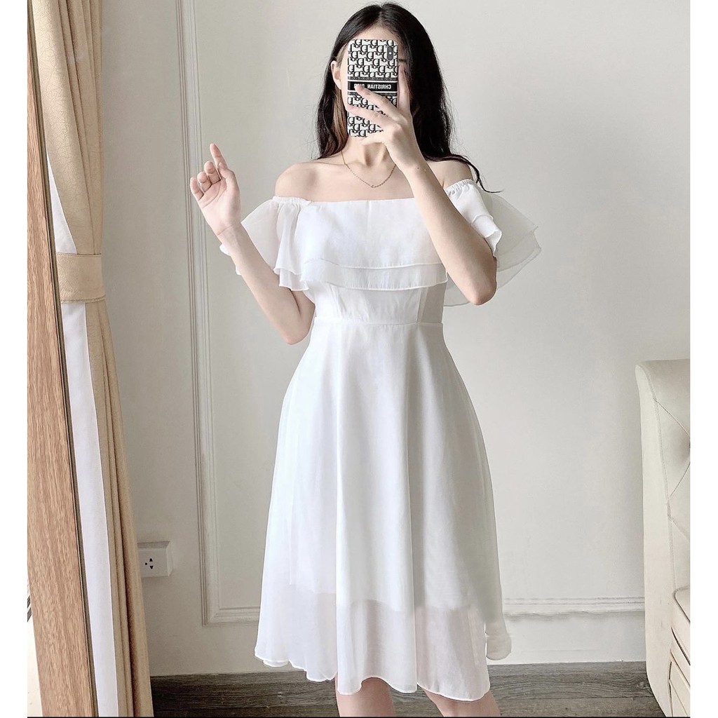 Đầm trắng trễ vai bèo bồng bềnh / Váy trắng voan tơ kỷ yếu prom dự tiệc (Ảnh thật)