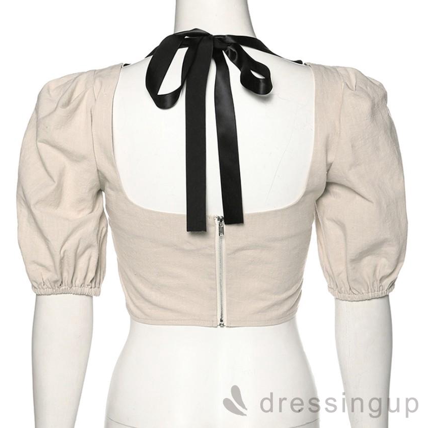 Áo Kiểu Cổ Vuông Phối Khóa Kéo Sau Phong Cách Vintage Cho Nữ | BigBuy360 - bigbuy360.vn