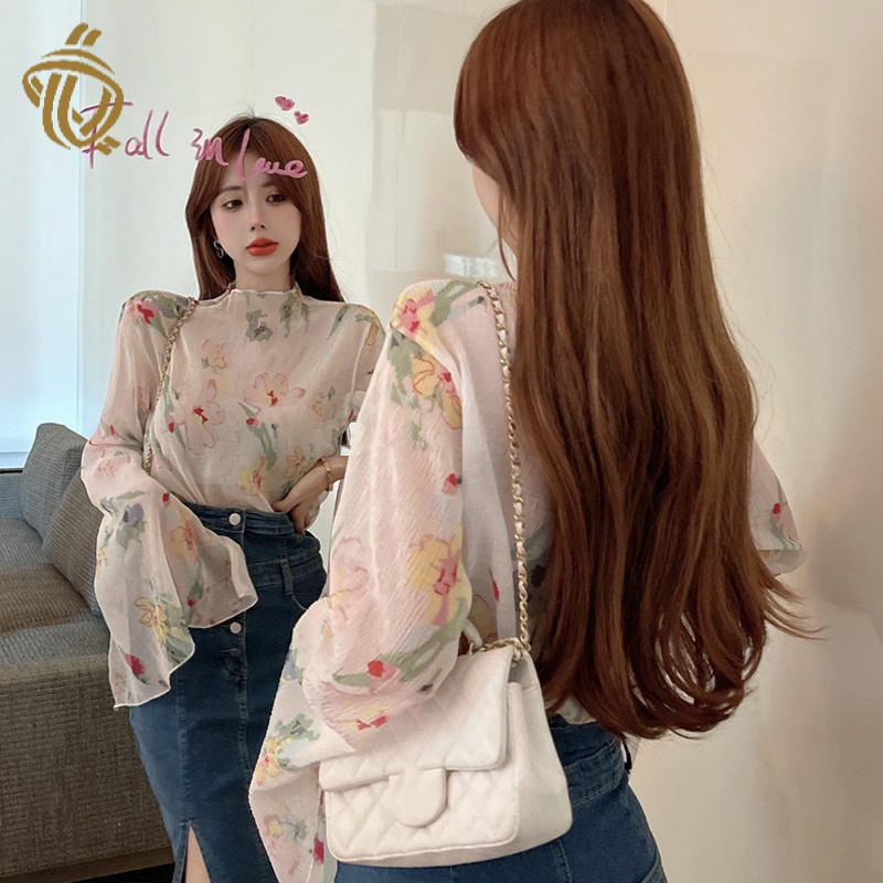 Bộ Áo Tay Loe Trong Suốt Chống Nắng Phối Chân Váy denim Lưng Cao Xẻ Tà Thời Trang