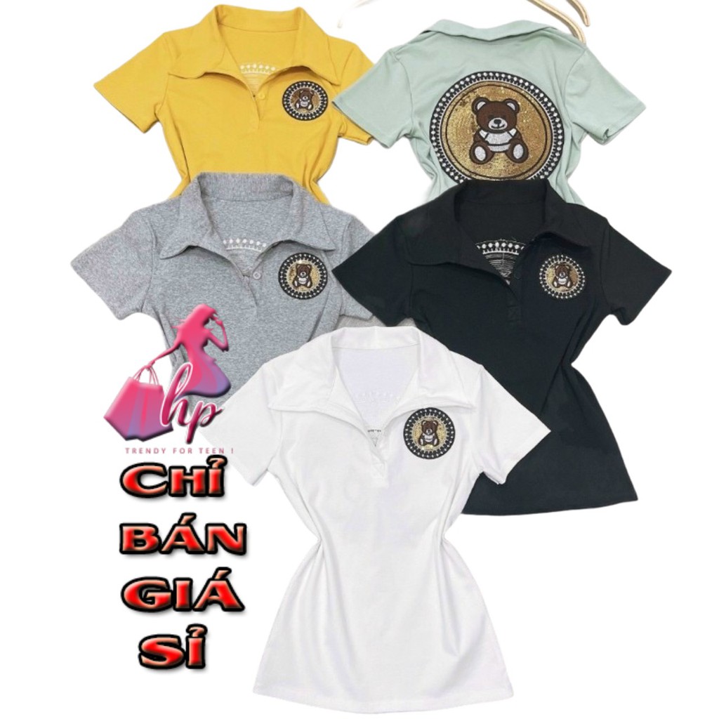 Áo thun nữ ôm body cổ bẻ polo logo gấu kim sa sang chảnh phong cách hàn quốc cực dễ thương mẫu mới thời trang 2021