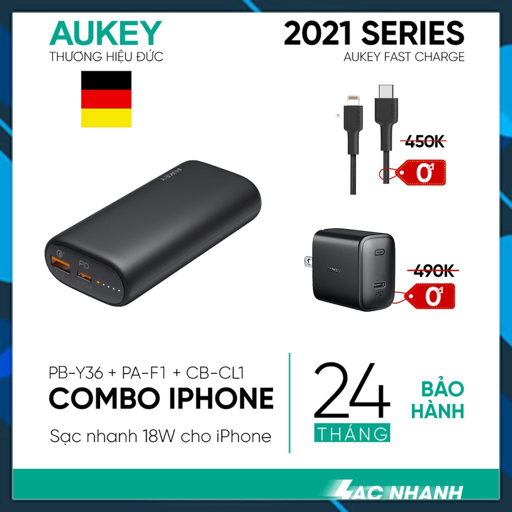 Combo AUKEY Pin Sạc Dự Phòng 10.000 mAh PB-Y36, Cốc Sạc Nhanh PA-F1, Cáp C To Lightning CB-CL - Hàng Chính Hãng