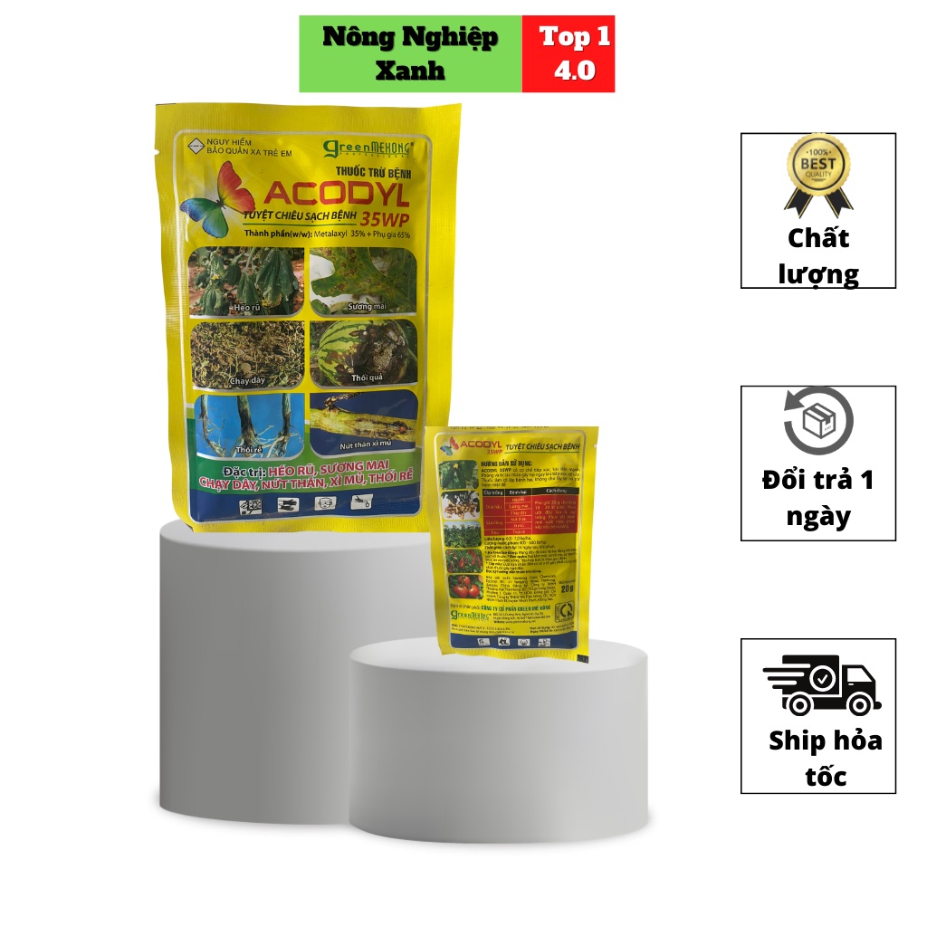 Chế phẩm trị bệnh cây trồng Acodyl 35WP. Trị bệnh thối rễ, vàng lá, nứt thân xỉ mủ