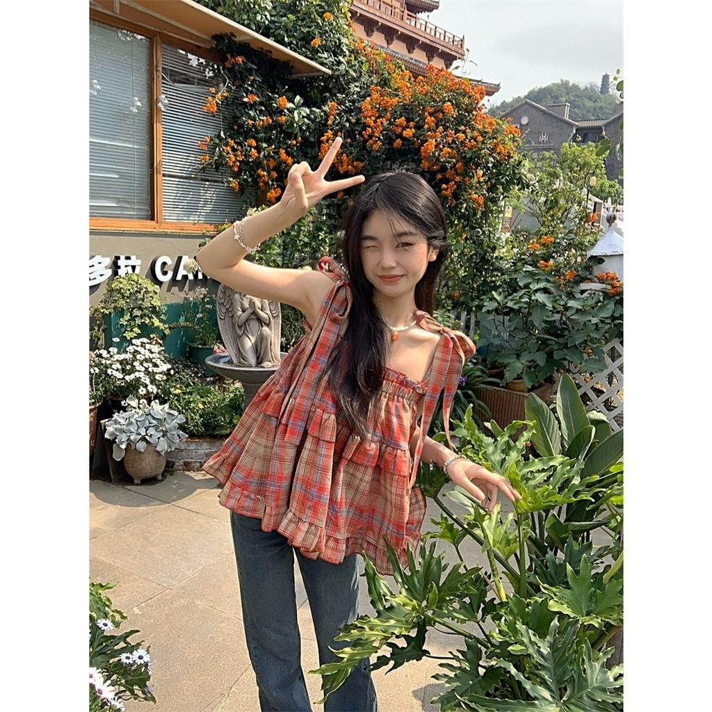 Áo Babydoll Nữ 2 Dây Kẻ Caro Buộc Nơ Viền Bèo Chất Thô Đũi