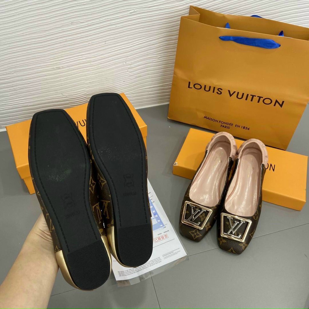 Giày búp bê nữ da hoạ tiết phối màu khóa chữ vuông Nguyên hộp Hãng cao cấp