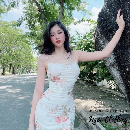 Váy 2 dây body dúm eo NGOCCLOTHING nữ [FREESHIP] Đầm 2s ngắn ôm hoa nền trắng quyến rũ, sang trọng, vintage HOT | BigBuy360 - bigbuy360.vn