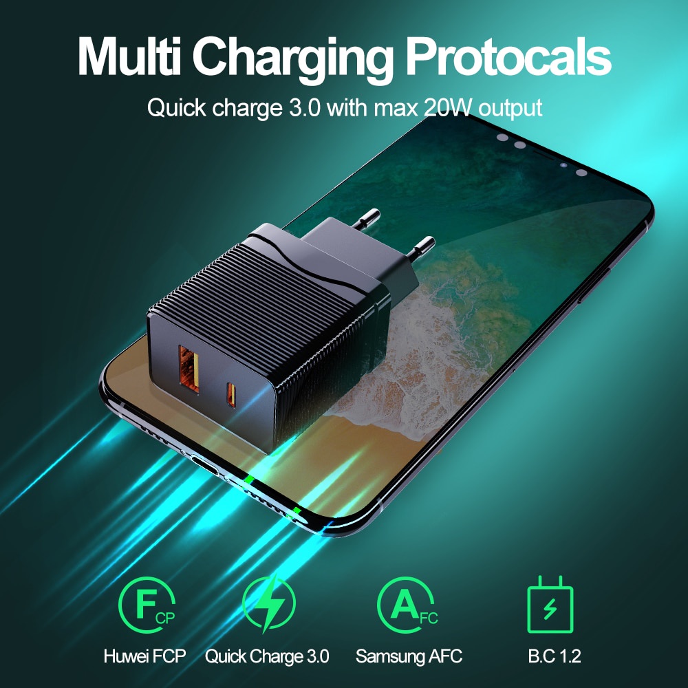 Bộ sạc nhanh Rock Wall Charger QC 3.0 4.0 20W phích cắm Châu Âu cho điện thoại Samsung Xiaomi