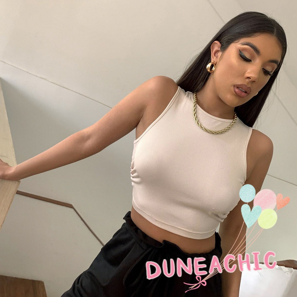 DUNEA Áo Tank Top Cổ Tròn Màu Trơn Hở Lưng Gợi Cảm Cho Nữ