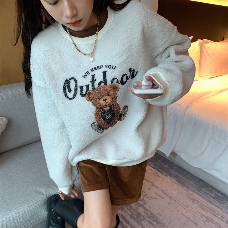 Áo khoác Sweater cổ tròn lót nhung lông cừu lót nhung màu sắc tương phản thời trang mùa đông cho nữ