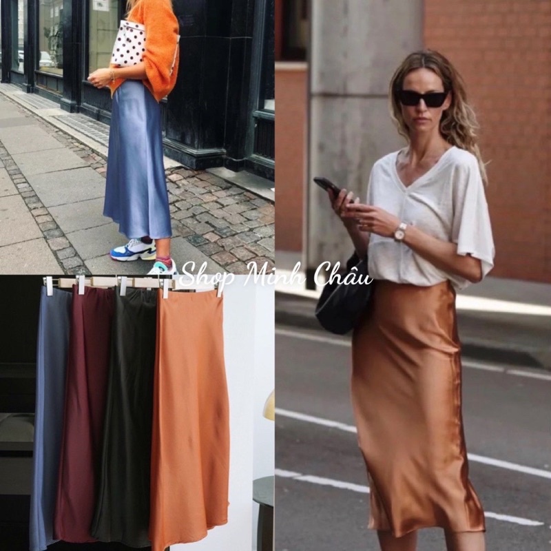 (Sẵn) Chân váy midi lụa auth tuồn sịn, 4 mầu