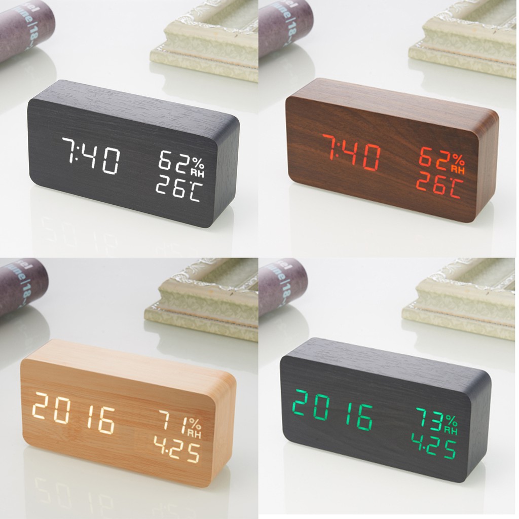 Đồng hồ gỗ LED để bàn đo nhiệt độ phòng, báo thức - hiển thị ngày/tháng/năm