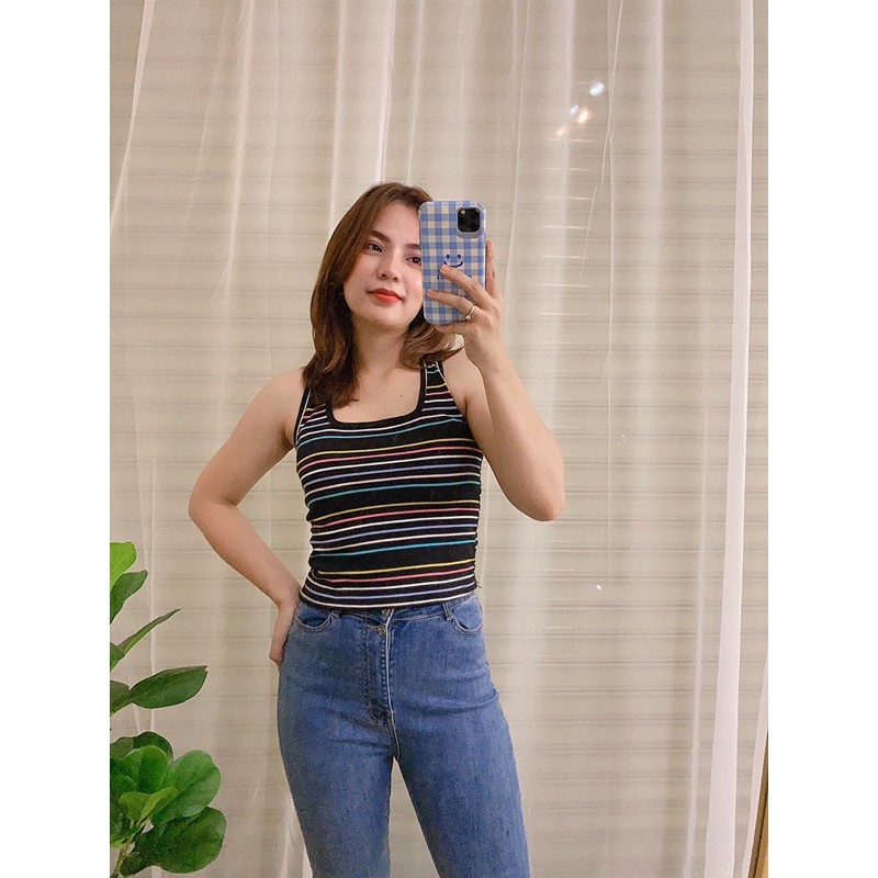 Áo croptop nữ chất cotton, áo ba lỗ cộc tay kiểu ôm vải co giãn Thun gân đũa màu sọc