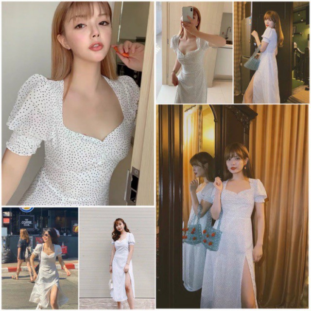 Đầm bi nhí trắng dài xẻ tà- dáng suông dài pha chút maxi - Pink moon store