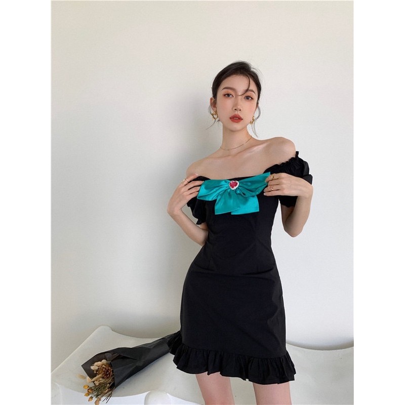 đầm ngắn tay con đính nơ koreastyle
