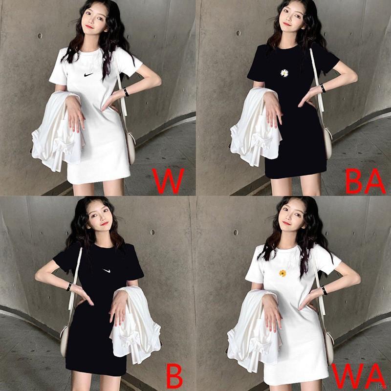 Đầm Tay Ngắn Cổ Tròn In Họa Tiết Thời Trang Hàn Quốc Cho Nữ