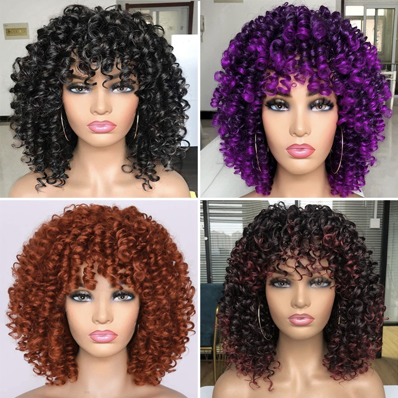 Tóc giả Afro kèm mái ngắn gợn sóng tổng hợp thời trang phụ nữ