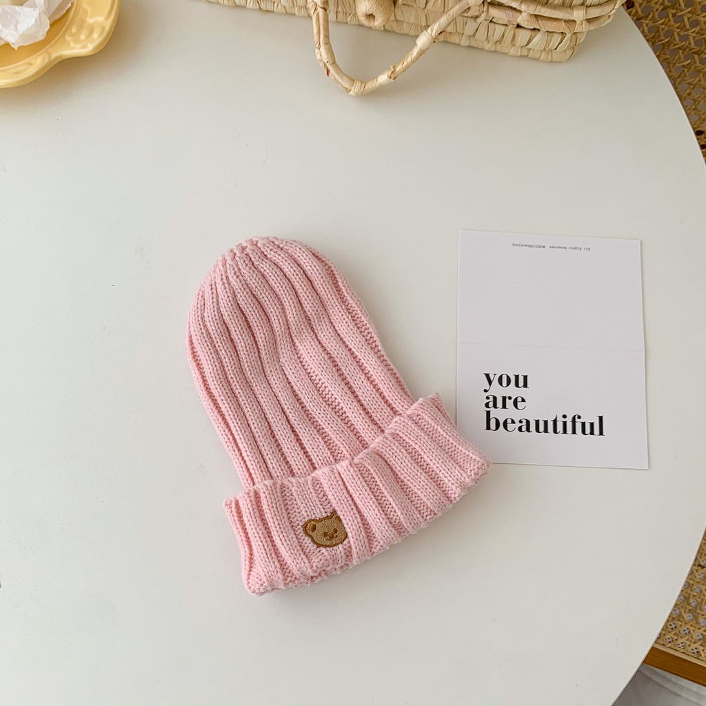 Mũ len giữ ấm thêu hình gấu màu kẹo cho bé 1-5 tuổi